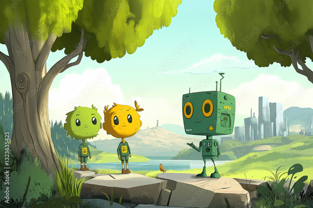 Cartoon Heroes Solving Environmental Challenges in Green Cities, Forests, and Rivers with Futuristic Sustainability Tech