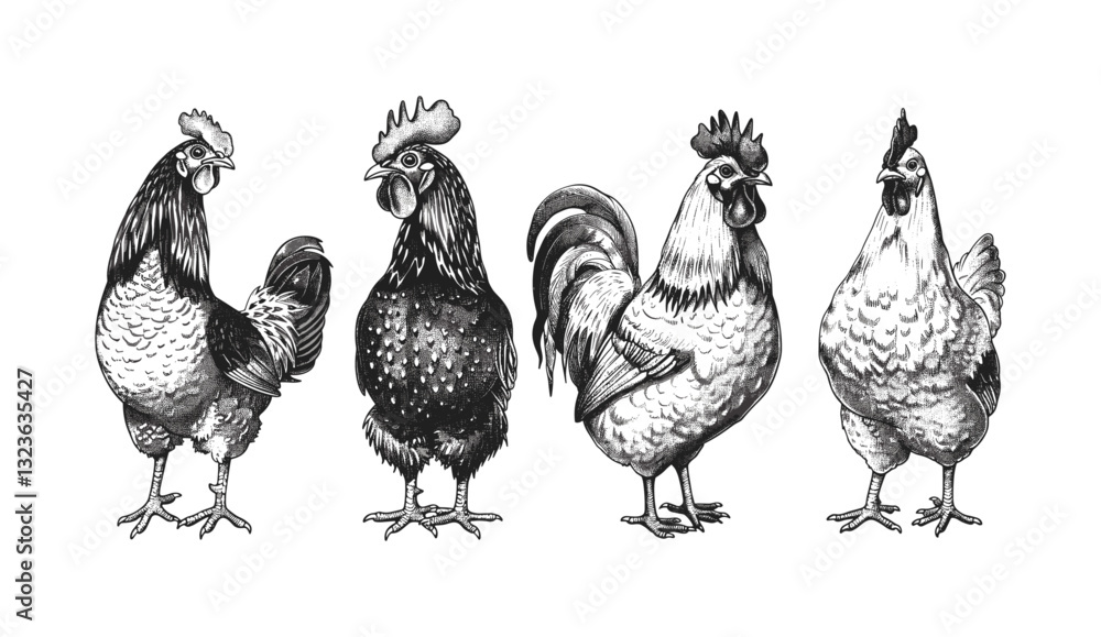 Fototapeta premium Vector rooster art, vintage engraving, isolated chicken set, black and white sketch, cock silhouette, hand drawn poultry, farm fowl, rooster illustration, bird ink sketch, farm animals