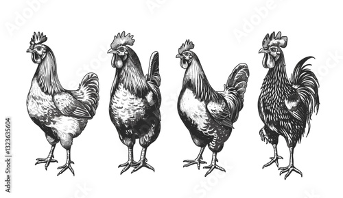 Vintage vector engraving, rooster illustration, isolated chicken set, hen bird silhouette, farm fowl, black and white ink sketch, cock art, hand drawn rooster, farm animals, poultry