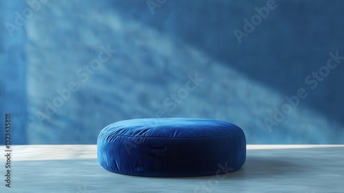 A plush velvet pouf, draped in a soft, indigo hue, sat majestically on an equally textured blue backdrop, bathed in the warm glow of a minimalist room.
