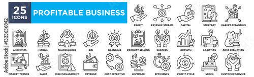 Profitable business icon collection set. Containing profit, revenue, income, sales, margin, cash flow, capital, asset icon. Simple line vector