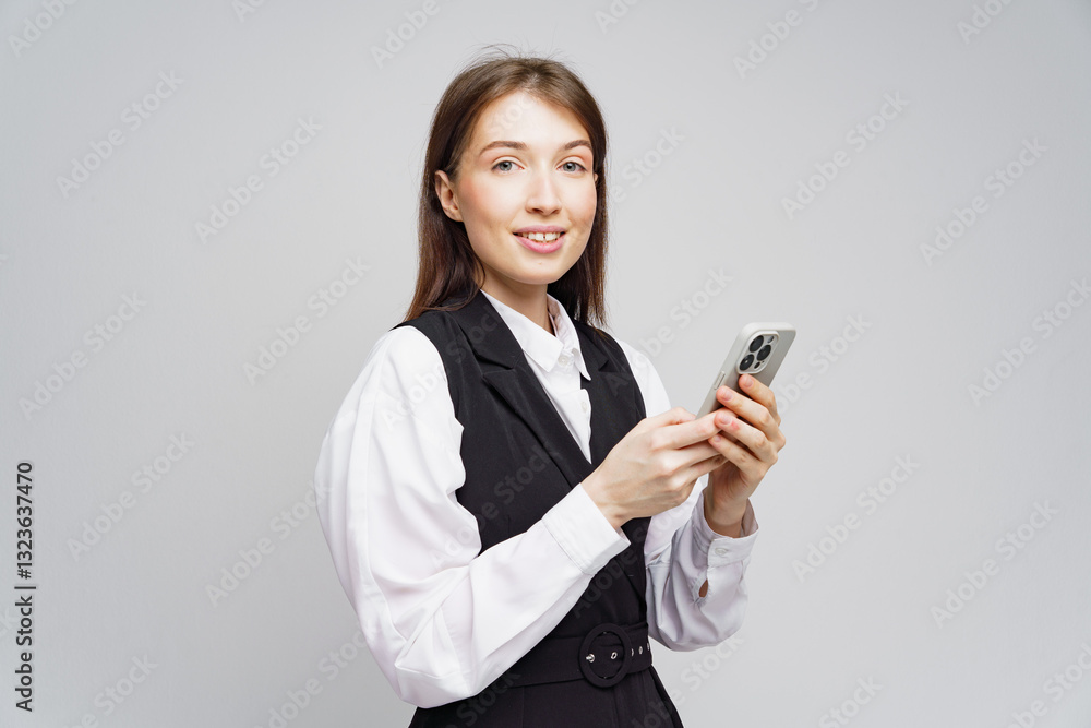 Young woman with smartphone smiles while standing against a light grey background Young woman with smartphone smiles while standing against a light grey background