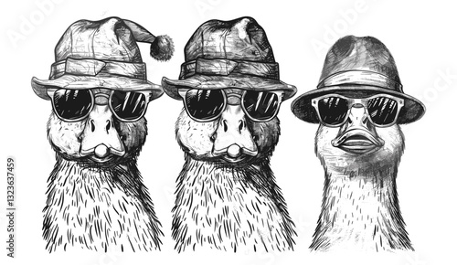Hand-drawn ink sketch, vintage engraving goose, isolated duck set, farm bird silhouette, black and white vector art, geese sunglasses, hipster hat fashion illustration.