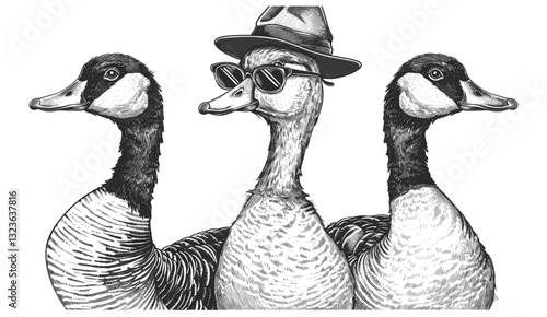 Vintage vector engraving goose, isolated duck set, hand-drawn ink sketch, farm bird silhouette, geese glasses, hipster hat, black and white fashion illustration, sunglasses art.