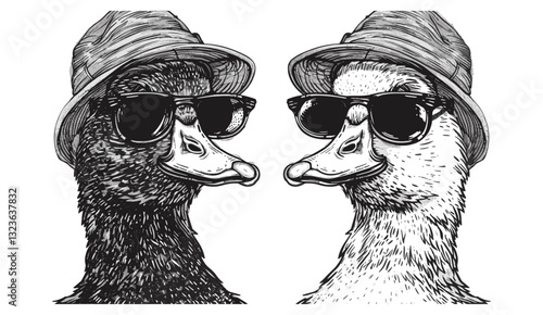 Vector vintage engraving, duck set with glasses, goose ink sketch, farm bird silhouette, black and white hand-drawn art, geese wearing hipster hats, fashion illustration.