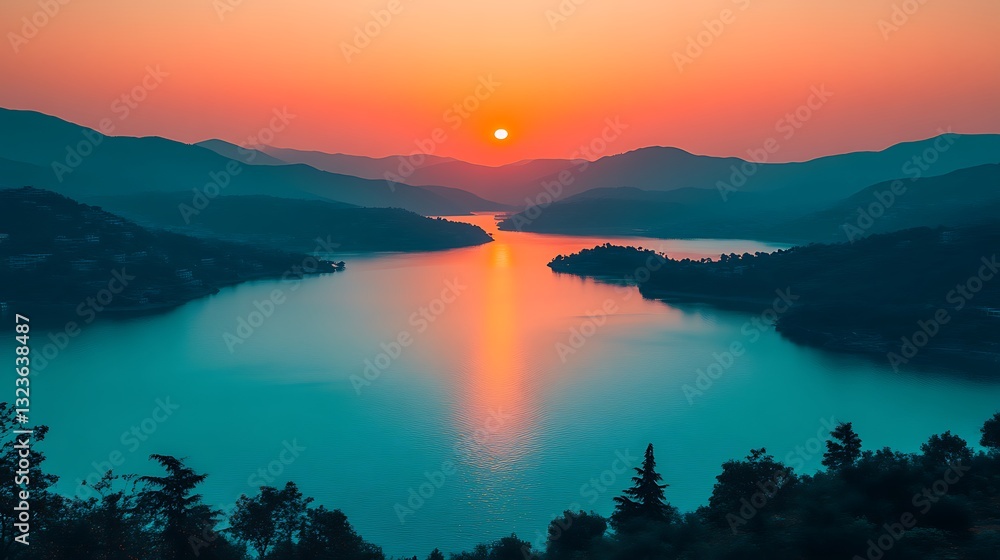 Fototapeta premium Serene Sunset Over Mountain Lake Landscape