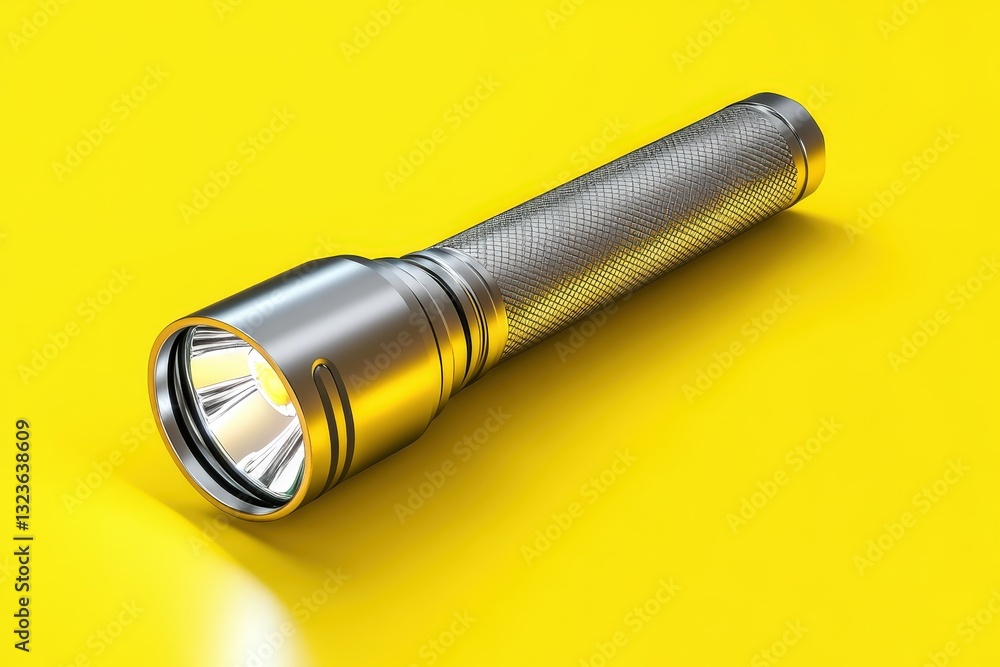 A single metallic flashlight laying on a yellow colored background A single metallic flashlight laying on a yellow colored background