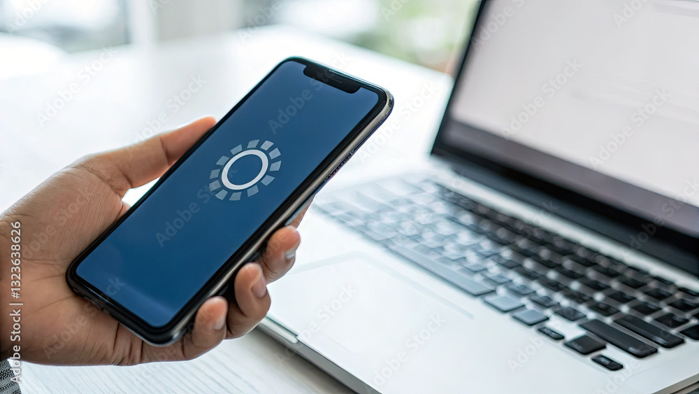 Close-up of a smartphone screen showing a software update progress bar, representing technology advancement and digital innovation in a modern workspace setting. Close-up of a smartphone screen showing a software update progress bar, representing technology advancement and digital innovation in a modern workspace setting.