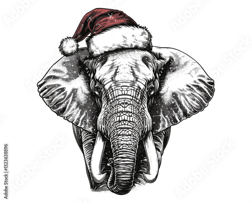 Isolated elephant set, vector vintage engraving, Santa costume sketch, African bishop silhouette, black and white illustration, New Year hat, hand-drawn animal art, Christmas design