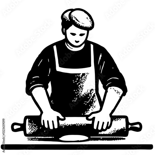 A person vector  in an apron and baker's hat rolls dough with a rolling pin. 