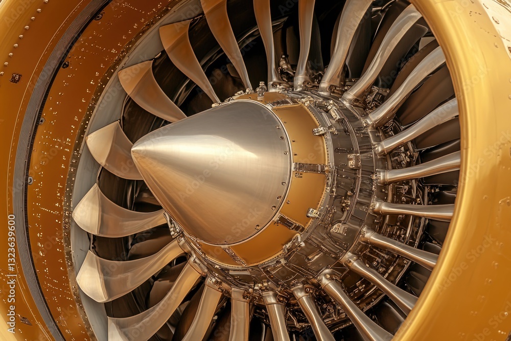 Fototapeta premium Close-up View of a Jet Engine Turbine Showcasing Intricate Design and Engineering at a Modern Airport