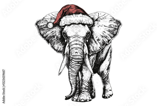 Ink Christmas illustration, Santa costume sketch, vintage vector engraving, African bishop silhouette, black and white elephant, New Year hat, animal art, hand-drawn festive