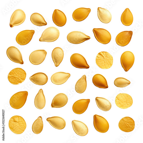 A collection of raw pumpkin seeds on transparent background