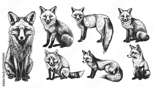 Fox silhouette art, wild animal illustration, vintage engraving, black and white fox image, hand drawn sketch, foxy animal, nature artwork, isolated sketch, wild animal art