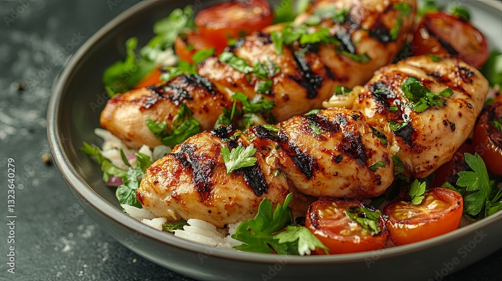 A high-angle view of grilled chicken kebab on a plain plate, known as Chelo Joojeh in Persian cuisine, served with rice and grilled tomato. A fusion food barbecue concept A high-angle view of grilled chicken kebab on a plain plate, known as Chelo Joojeh in Persian cuisine, served with rice and grilled tomato. A fusion food barbecue concept