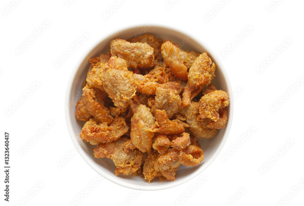 Thailand food snack, Deep-fried chicken skin in a white bowl on a white background, isolated image, top view image, crispy snack from animal. Thailand food snack, Deep-fried chicken skin in a white bowl on a white background, isolated image, top view image, crispy snack from animal.