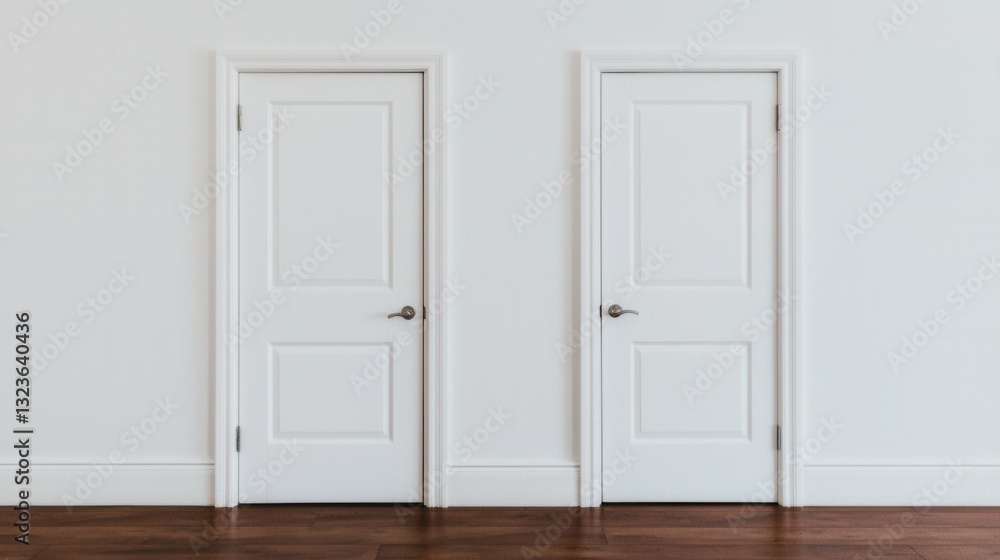 Two Classic White Doors on Beige Wall in Modern Room Two Classic White Doors on Beige Wall in Modern Room