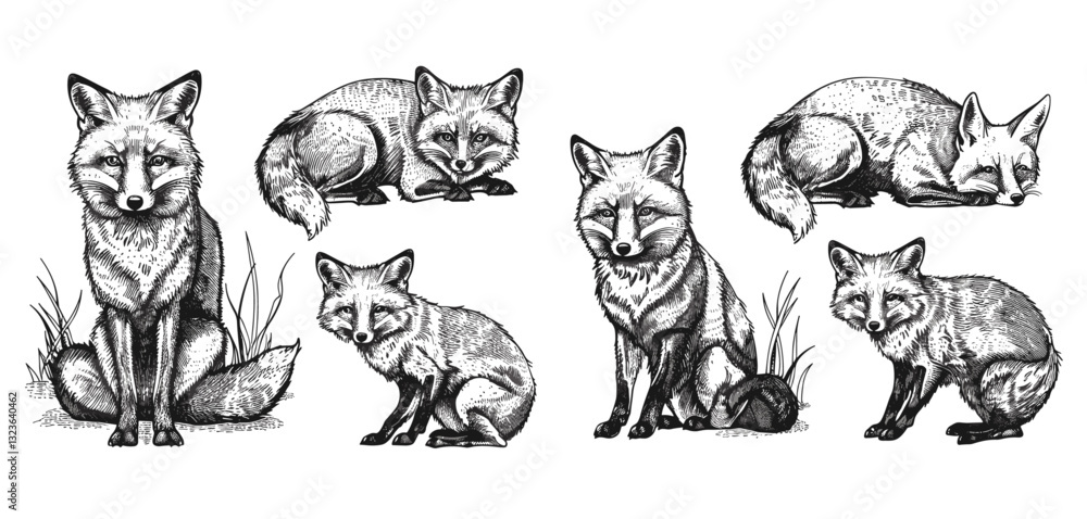 Obraz premium Fox vector vintage engraving, hand-drawn sketch, wild animal silhouette, black and white image, foxy animal, wildlife art, nature drawing, animal illustration, forest wildlife