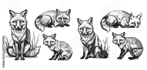 Fox vector vintage engraving, hand-drawn sketch, wild animal silhouette, black and white image, foxy animal, wildlife art, nature drawing, animal illustration, forest wildlife