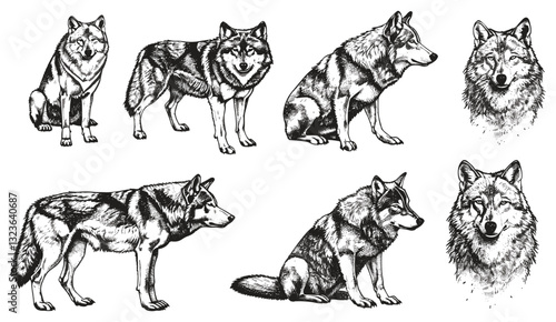 Black and white wild dog, gray wolf illustration, vintage engraving, isolated silhouette, hand drawn sketch, nature background, wilderness, wildlife art, animal ink design