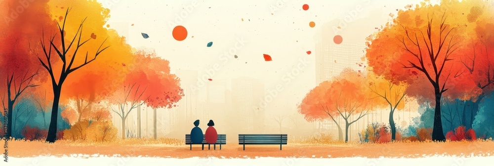 Autumn Landscape with Silhouetted Figures on Park Bench amidst Vibrant Multicolored Trees in a Tranquil Urban Setting with Floating Leaves