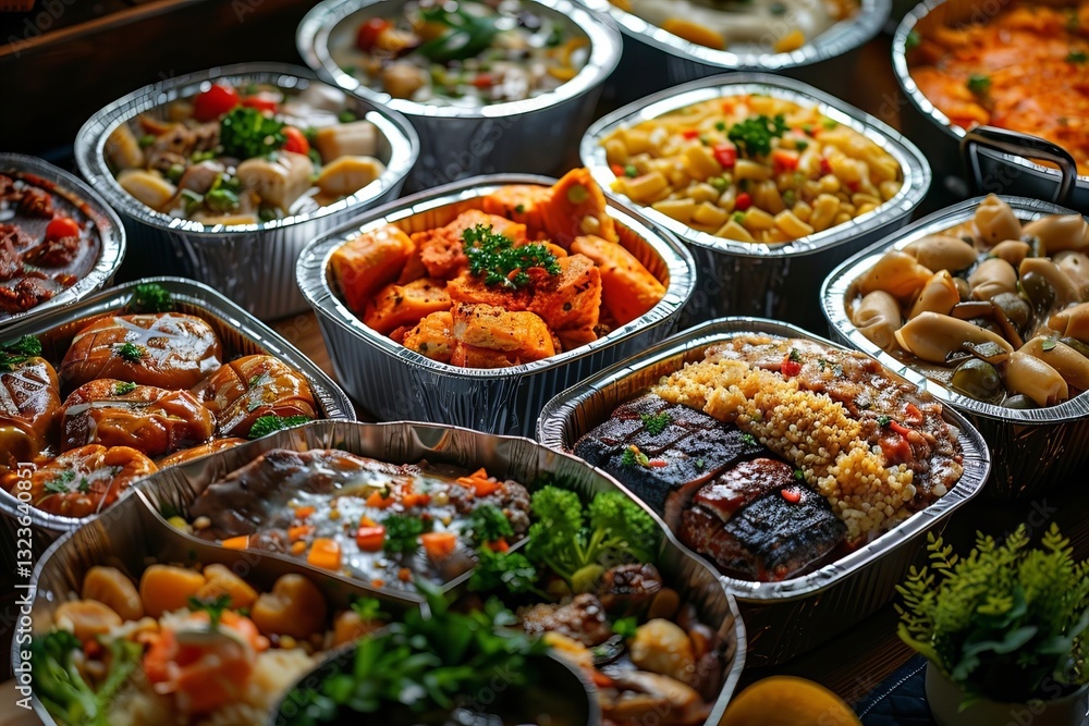 Variety of Delicious Ready-to-Eat Meals in Foil Containers Displayed on the Table Variety of Delicious Ready-to-Eat Meals in Foil Containers Displayed on the Table