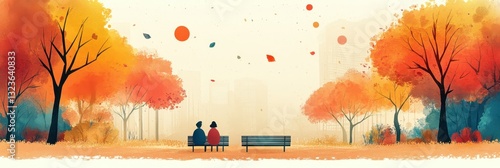 Obraz na płótnie Autumn Landscape with Silhouetted Figures on Park Bench amidst Vibrant Multicolored Trees in a Tranquil Urban Setting with Floating Leaves w salonie