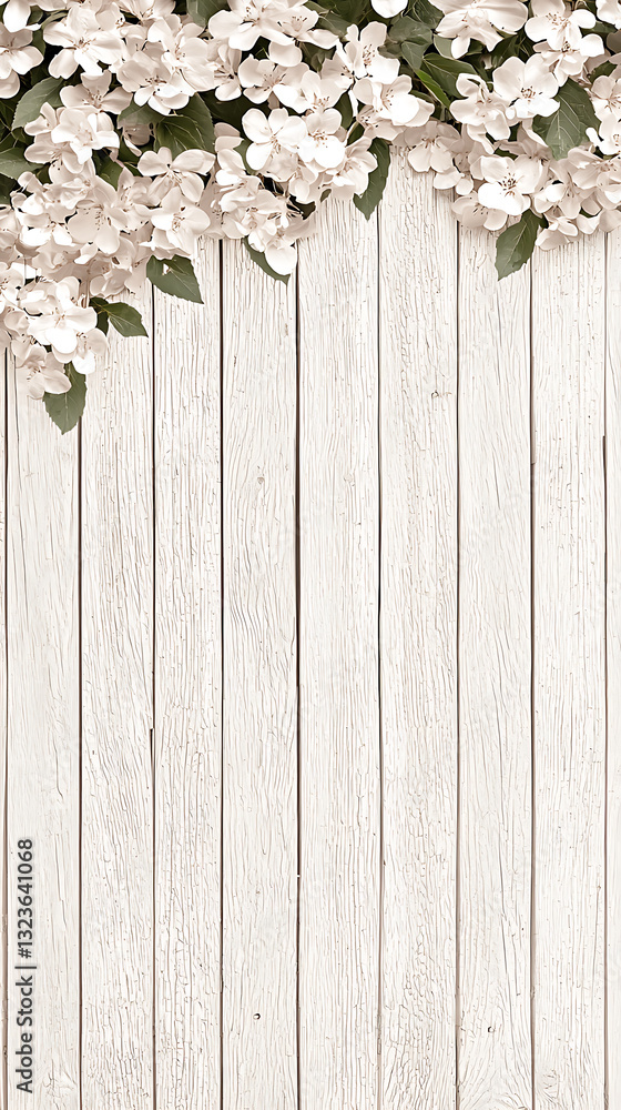 White flowers and green leaves frame a weathered light-colored wooden plank background. White flowers and green leaves frame a weathered light-colored wooden plank background.