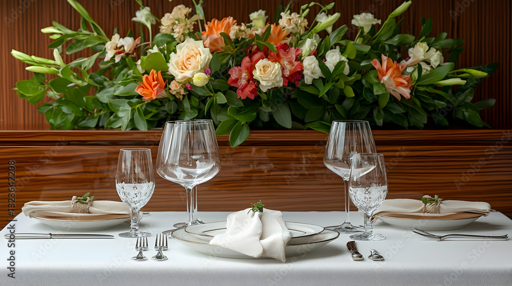 Elegant Table Setting with Floral Arrangement White Tablecloth and Wooden Background for Dinner Elegant Table Setting with Floral Arrangement White Tablecloth and Wooden Background for Dinner