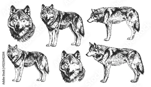 Vintage gray wolf vector illustration, wild dog silhouette, black and white ink sketch, isolated engraving, hand drawn art, animal design, nature sketch, wild animal drawing