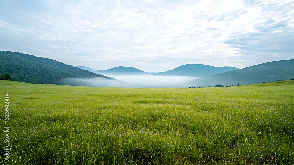 Green Field Landscape With Rolling Hills Under Cloudy Blue Sky And Foggy Horizon Green Field Landscape With Rolling Hills Under Cloudy Blue Sky And Foggy Horizon