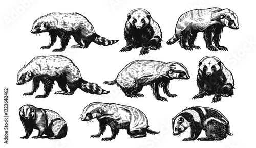 Ink sketch honey badger, ratel silhouette, vintage engraving, tropical animal illustration, hand drawn black and white art, isolated wildlife image, vector drawing