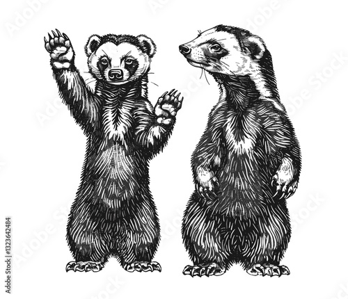 Vintage honey badger engraving, ink sketch art, ratel silhouette, black and white illustration, hand drawn tropical animal image, isolated vector background, nature artwork