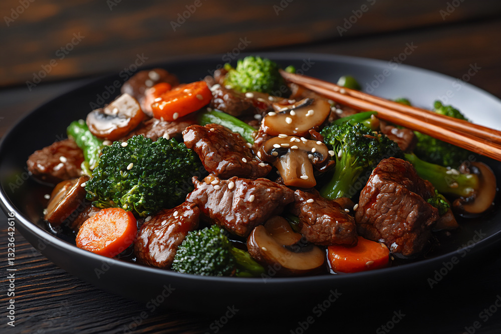 a plate of delicious beef and broccoli with mushrooms, vegetables, a plate of delicious beef and broccoli with mushrooms, vegetables,