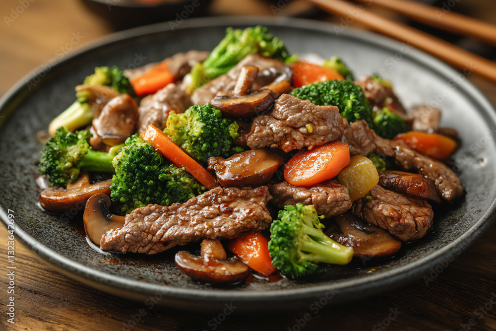 a plate of delicious beef and broccoli with mushrooms, vegetables, a plate of delicious beef and broccoli with mushrooms, vegetables,