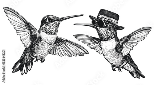 Hummingbird sketch, vector vintage engraving, ink fashion illustration, colibri silhouette, sunglasses, tropical bird, bird art, isolated humming, hipster hat,