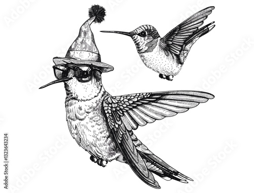Vintage engraving vector, isolated hummingbird, sketch art, colibri silhouette, fashion illustration, tropical bird, ink hummingbird, sunglasses, hipster hat, tropical background