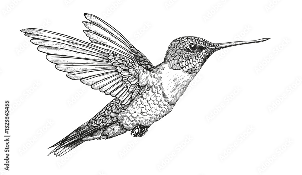 Obraz premium Hummingbird vector illustration, black and white engraving, tropical bird art, hand-drawn hummingbird, ink sketch, bird silhouette, colibri sketch, vintage bird drawing