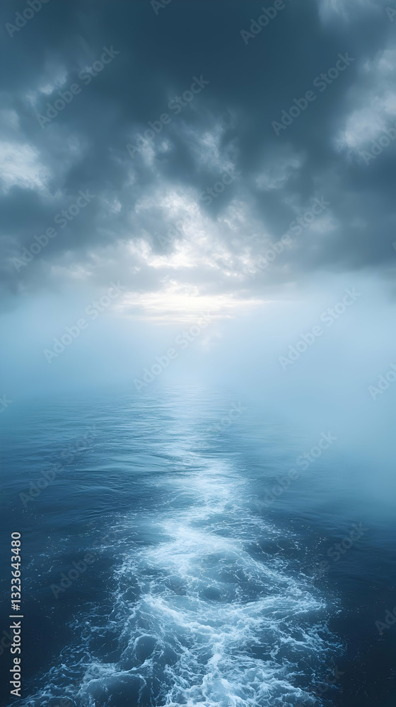 Serene Ocean Waters Under a Moody Sky: A Dramatic Seascape with White Water Wake Serene Ocean Waters Under a Moody Sky: A Dramatic Seascape with White Water Wake