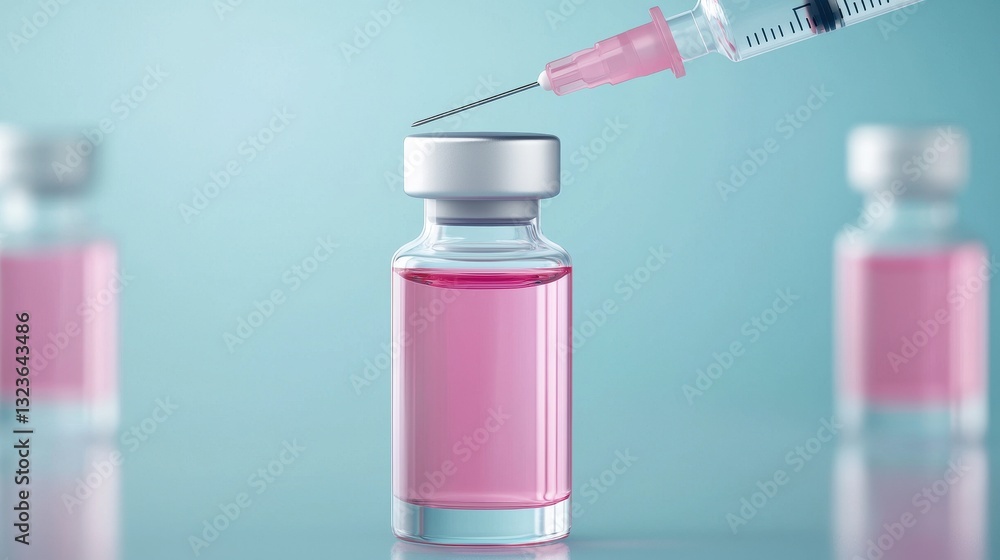 Syringe Injecting Vaccine Into Glass Vial With Pink Liquid Background Syringe Injecting Vaccine Into Glass Vial With Pink Liquid Background