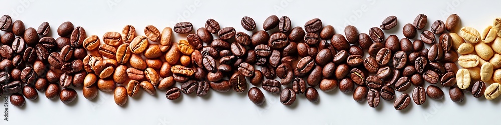 Roasted Coffee Bean Variety, From Light to Dark Gradient, Isolated on Plain White Studio Background Roasted Coffee Bean Variety, From Light to Dark Gradient, Isolated on Plain White Studio Background