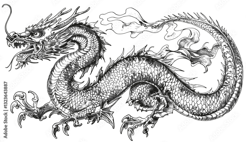 Obraz premium Japanese Dragon illustration, vintage engraving, snake ink sketch, Chinese character tattoo, black and white silhouette art, hand drawn vector image, mythical creature, dragon design