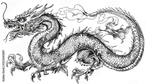 Japanese Dragon illustration, vintage engraving, snake ink sketch, Chinese character tattoo, black and white silhouette art, hand drawn vector image, mythical creature, dragon design