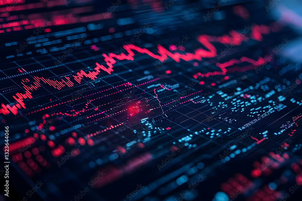 Abstract Digital Stock Market Data Visualization: Red and Blue Glowing Lines Charting Financial Trends on a Dark Screen Background Abstract Digital Stock Market Data Visualization: Red and Blue Glowing Lines Charting Financial Trends on a Dark Screen Background