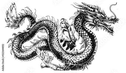 Black and white Japanese Dragon tattoo, vintage engraving illustration, snake ink sketch, hand drawn vector silhouette, Chinese character dragon, oriental art, mythical creature design