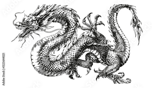 Black and white Japanese Dragon tattoo, vintage engraving, snake sketch, Chinese character silhouette art, hand drawn vector, mythical dragon design, traditional ink sketch