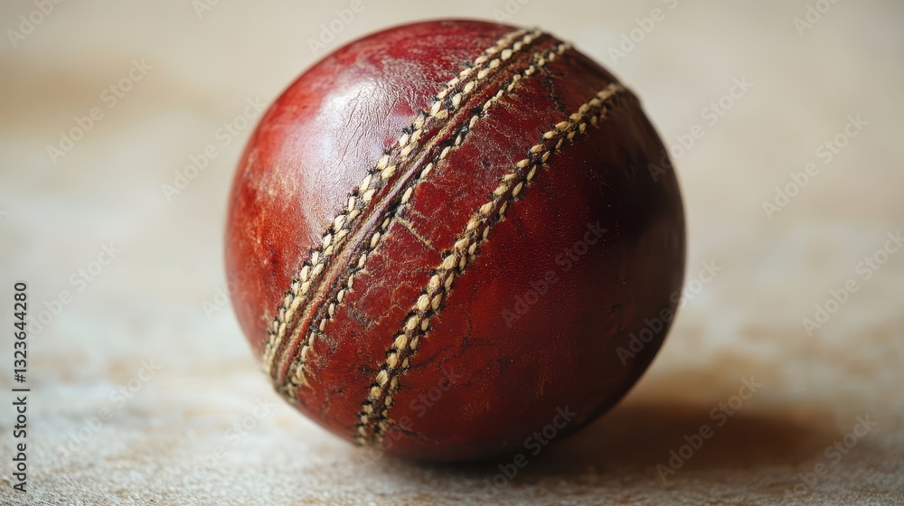 Obraz premium A close-up reveals the intricate beauty of a traditional red cricket ball, its leather surface adorned with subtle stitching details that hint at the artistry of its craft, as it rests gracefully on