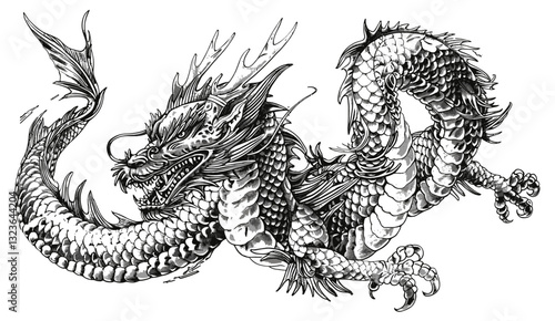 Japanese Dragon vintage engraving, snake ink sketch, dragon Chinese character silhouette, black and white tattoo art, hand drawn vector, oriental design, mythical creature