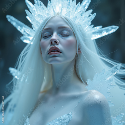 A serene ice queen, adorned with a sparkling crystal crown, radiates unearthly beauty amidst a frosty, enchanted winter landscape. AI generation. photo