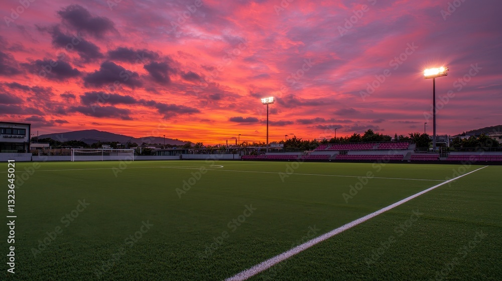 Vibrant Sunset Over Soccer Field with Artificial Lighting and Grass Vibrant Sunset Over Soccer Field with Artificial Lighting and Grass